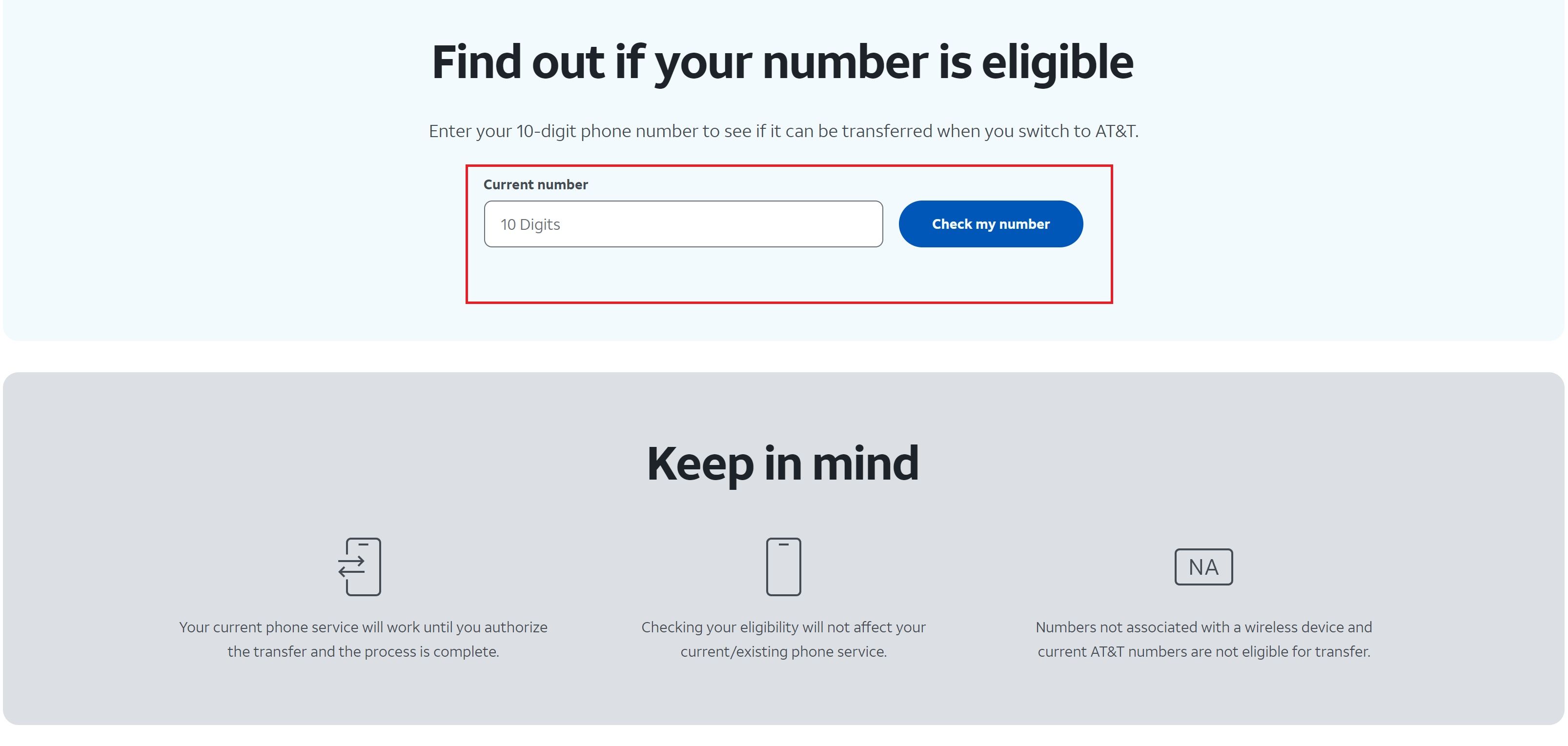 A screenshot of AT&T's transfer eligibility for existing numbers page on its website