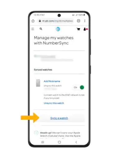 Photo of a phone showing the Sync a watch option in the AT&T app