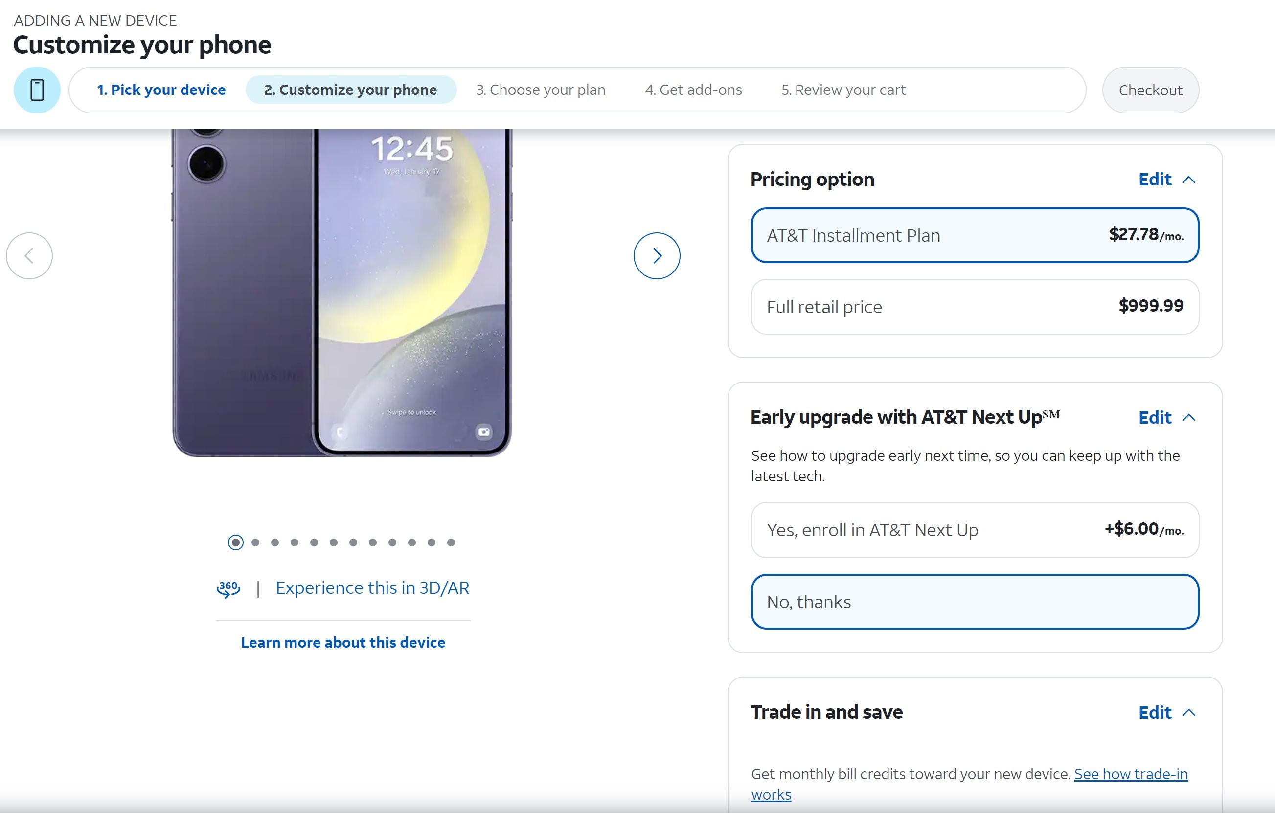 Screenshot of the Customize Phone screen on AT&T's website