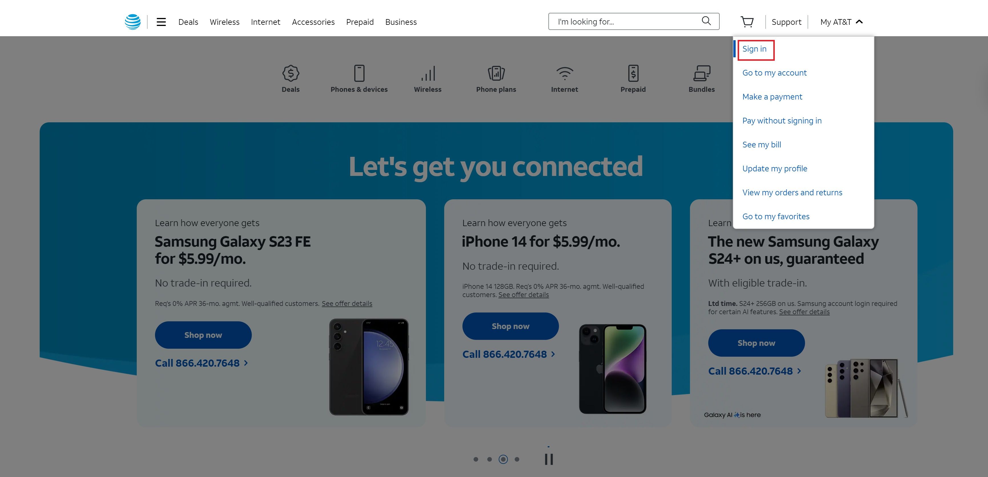 Screenshot of the AT&T website showing the Sign in option