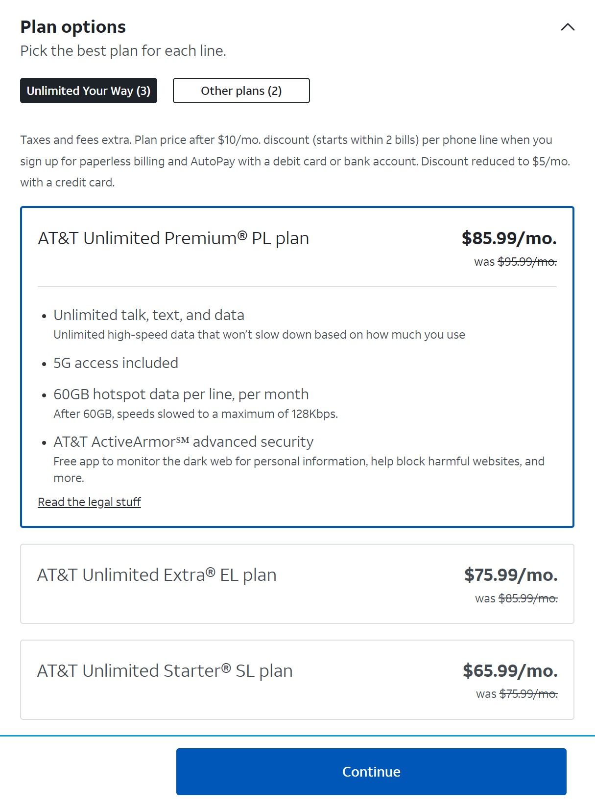 Screenshot of AT&T's available wireless plans from its website