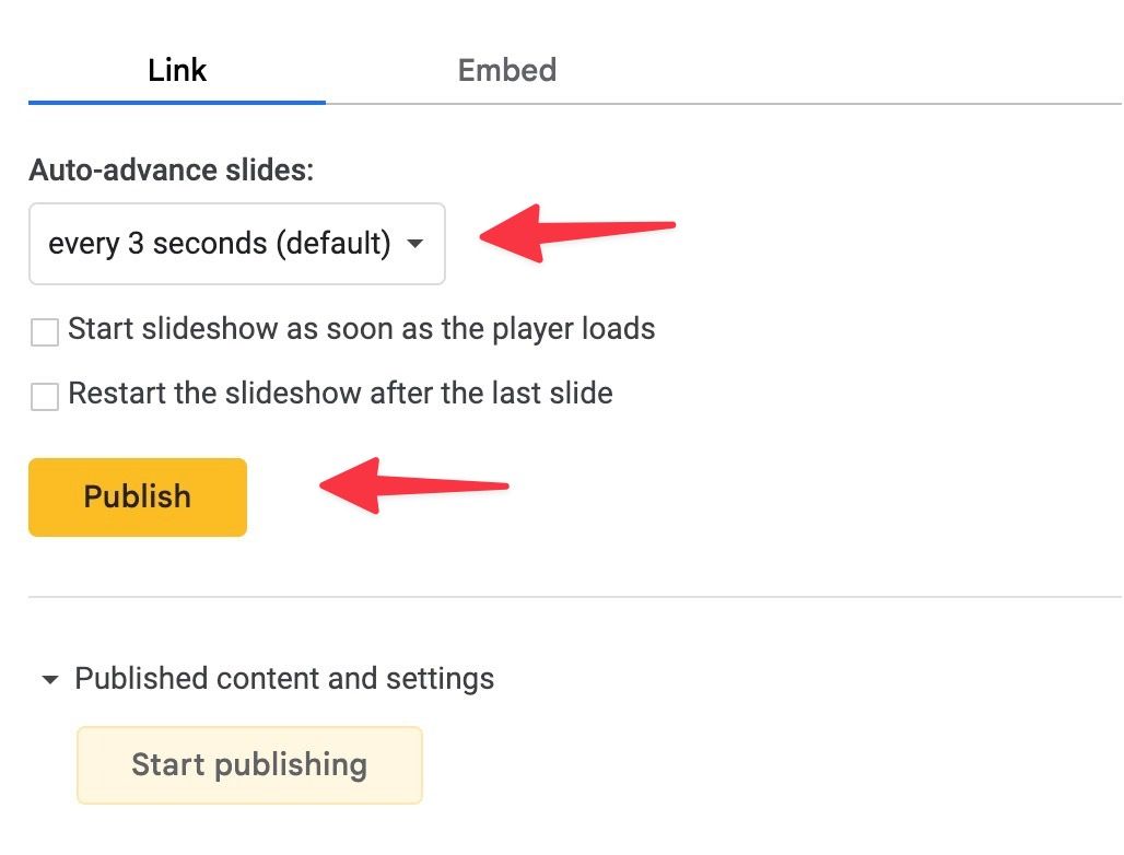 copy publish link in Google Slides