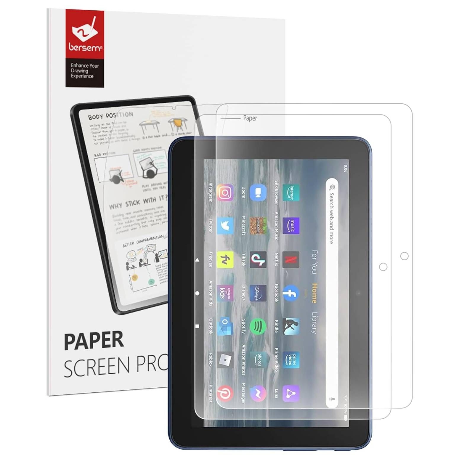 A render of the Bersem Paperfeel screen protector for the Fire 7, and its box