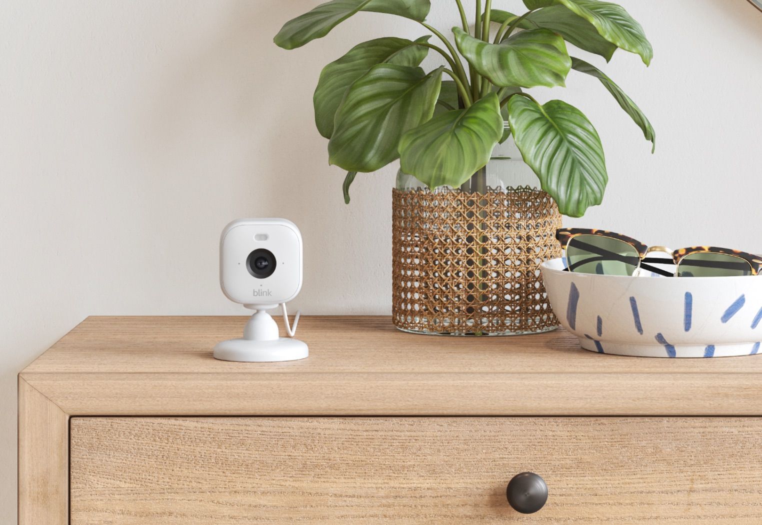 A Blink Mini 2 camera sitting on a light wood dresser next to a plant and a bowl with sunglasses in it