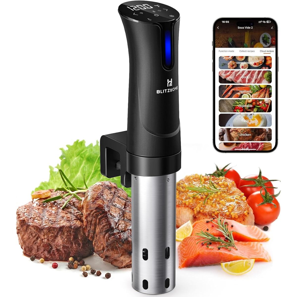 The Blitzhome Sous Vide Machine and a smartphone against a white background