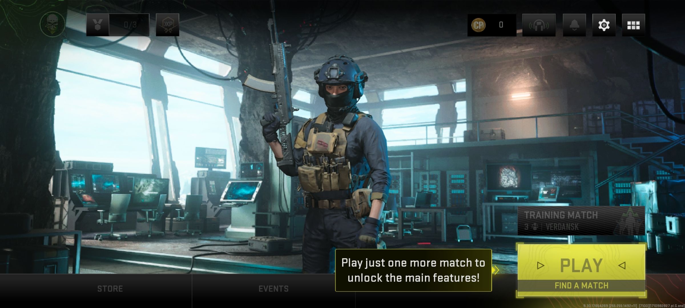 Call of Duty Warzone Mobile screenshot of locked menu until forced tutorial is complete