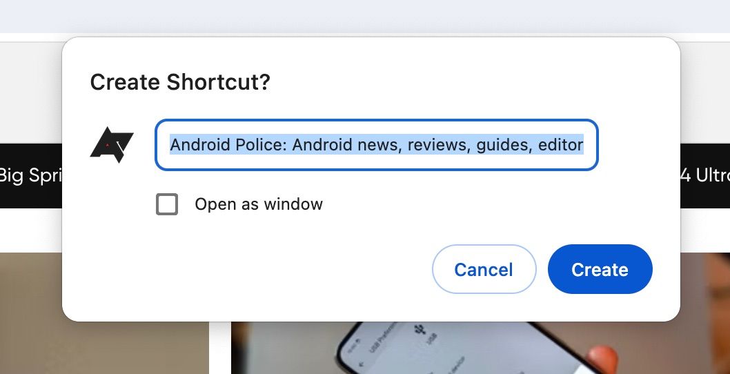 A dialog for creating a website shortcut with Google Chrome is shown