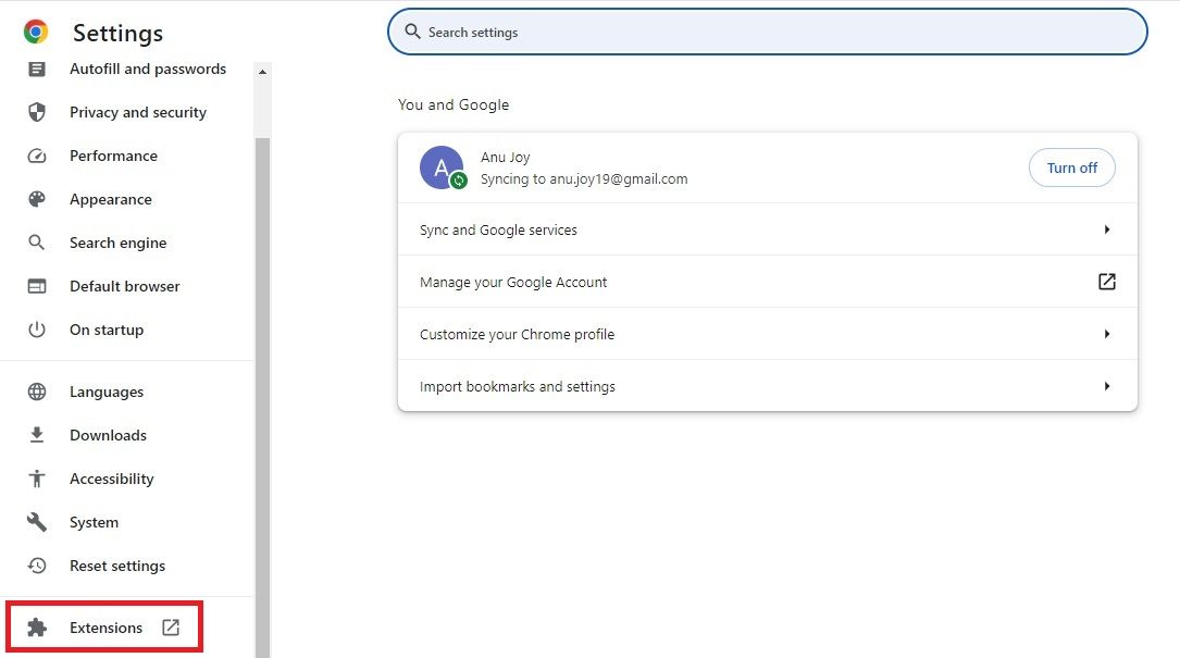 Screenshot highlighting 'Extensions' in Google Chrome's Settings menu