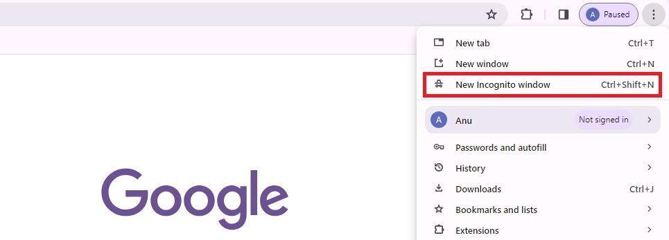 Screenshot highlighting 'New incognito window' in Google Chrome