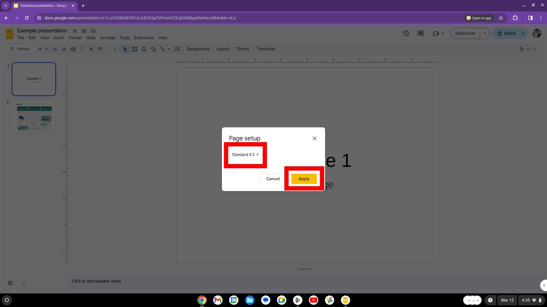 red box outline over aspect ratio dropdown and another red box outline over orange apply button in page setup while using a chromebook