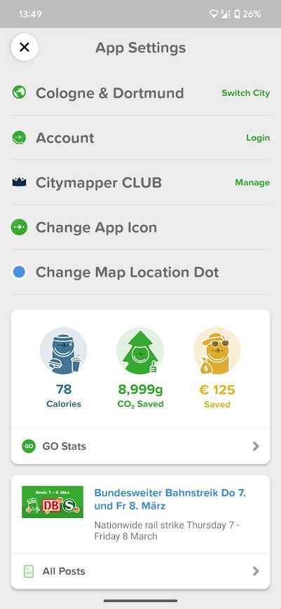 citymapper application settings page