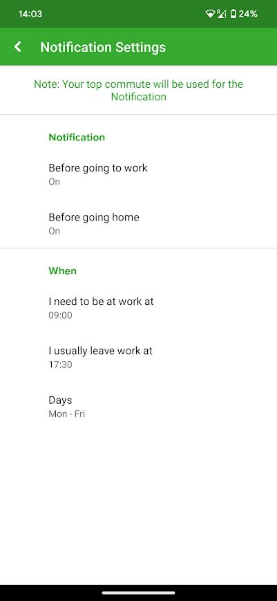 citymapper app commuting notification settings