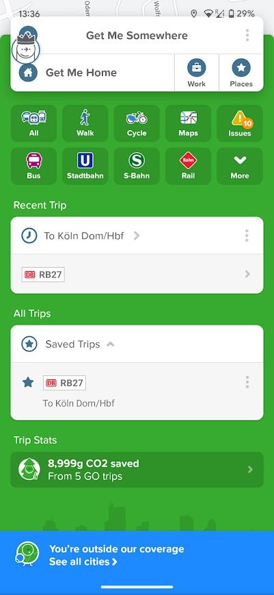 home screen of the citymapper application