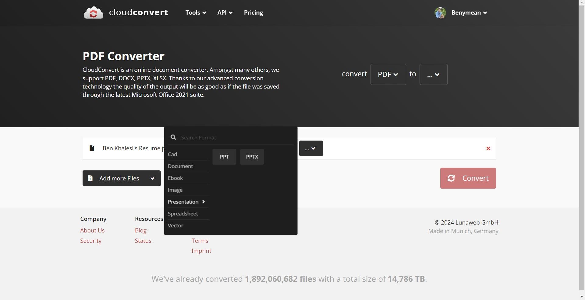 The interface of CloudConvert's website during the process of converting a file. A document is queued for conversion from PDF to PPT and PPTX format.