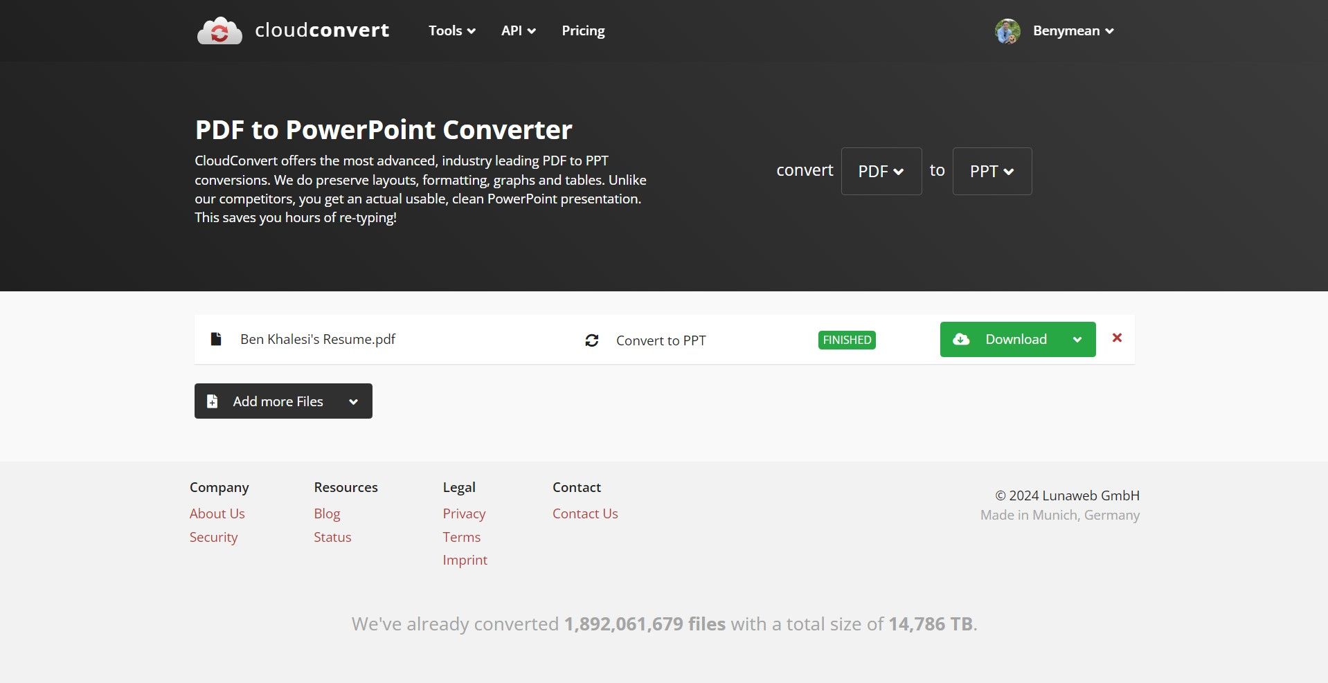 CloudConvert interface displaying a successful conversion along with a green "Download" button, indicating that the file is ready to be downloaded