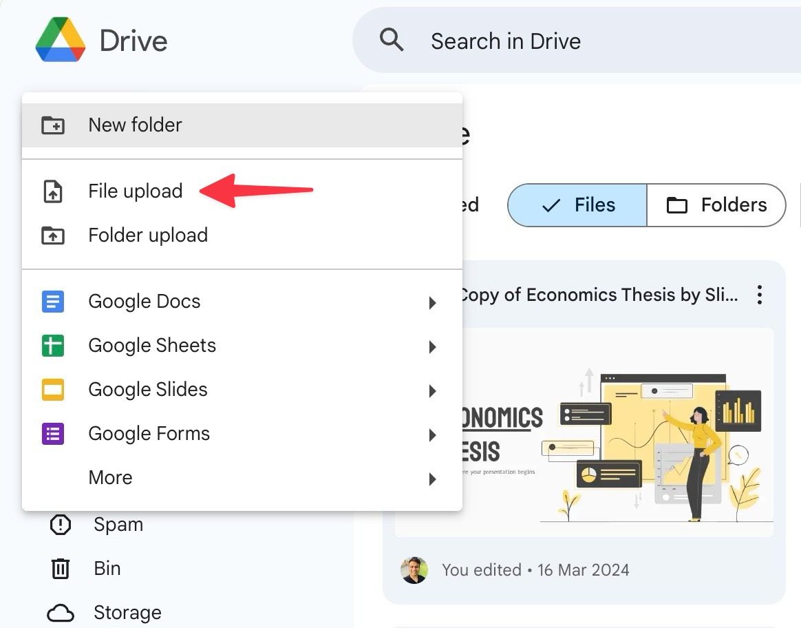 file upload on Google Drive