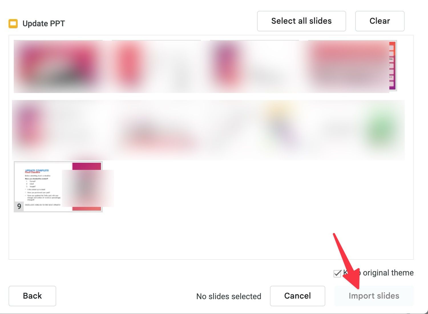 Select and import slides in Google Slides