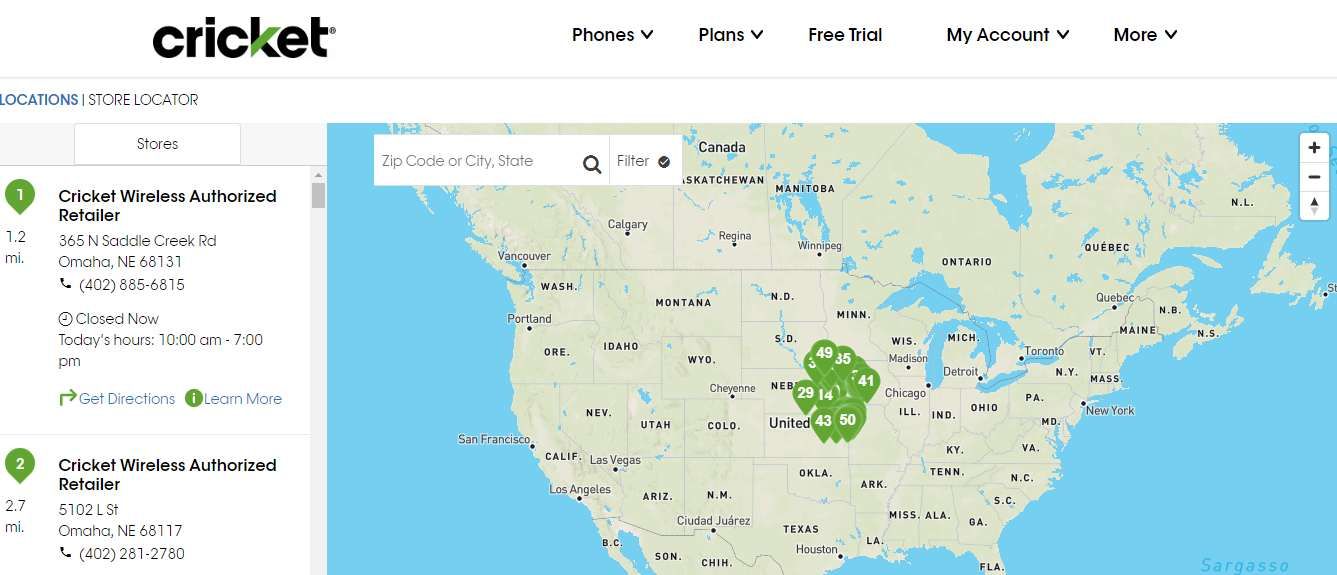 Screenshot of the store locator page of cricket Wireless