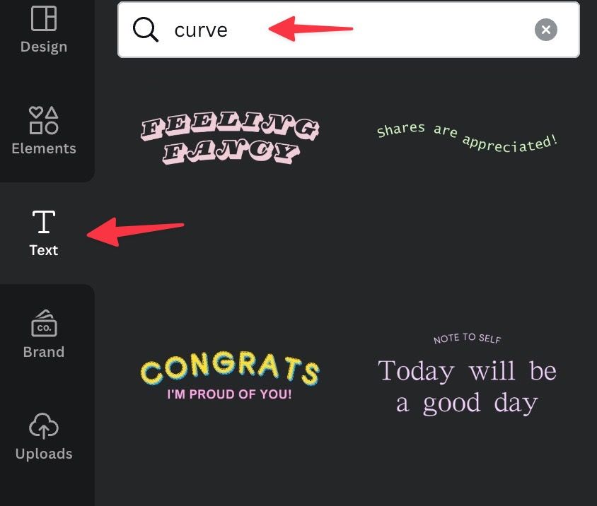 search for curved text in Canva