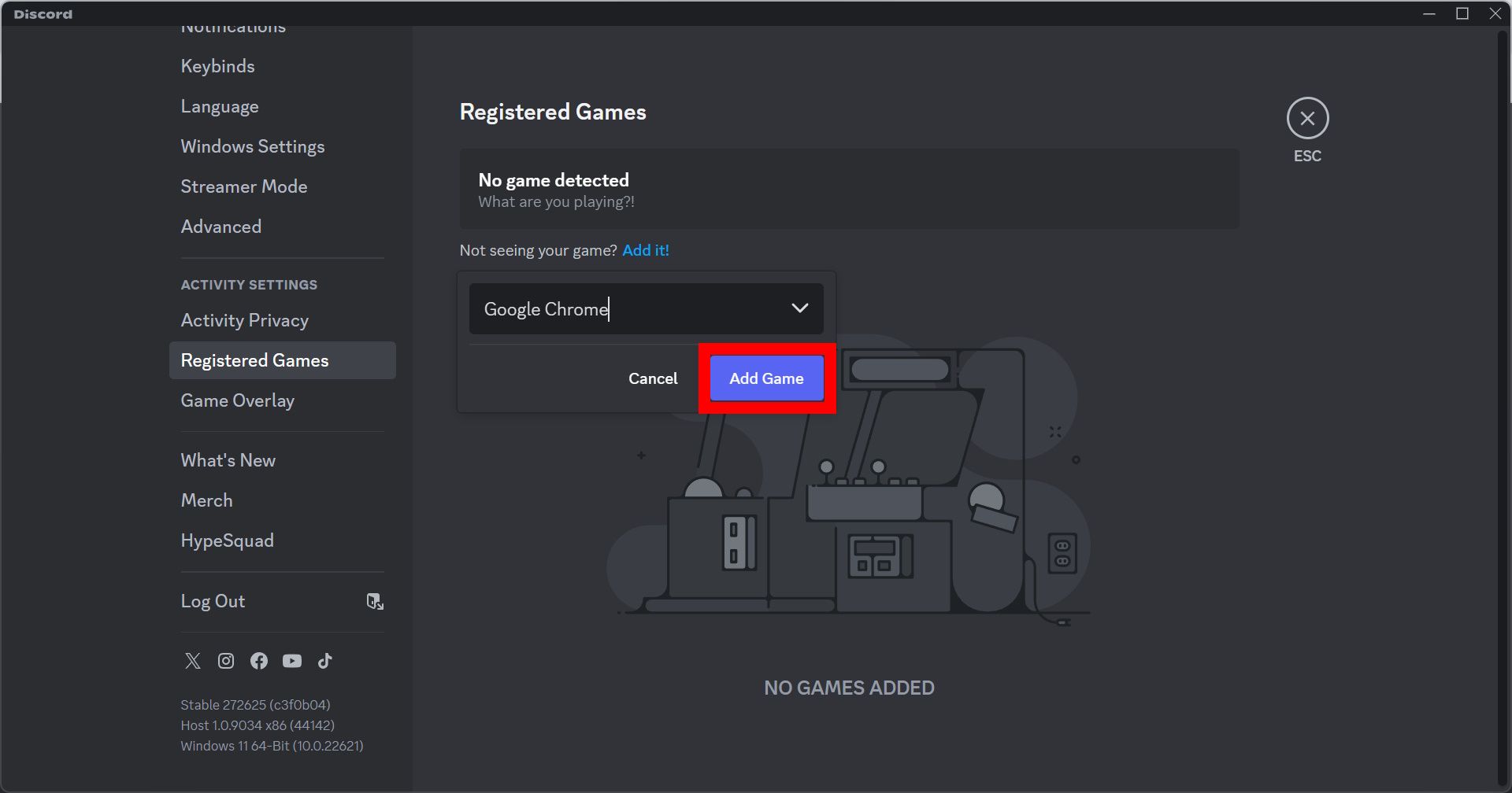 red rectangle outline over add game button on discord desktop app for google chrome