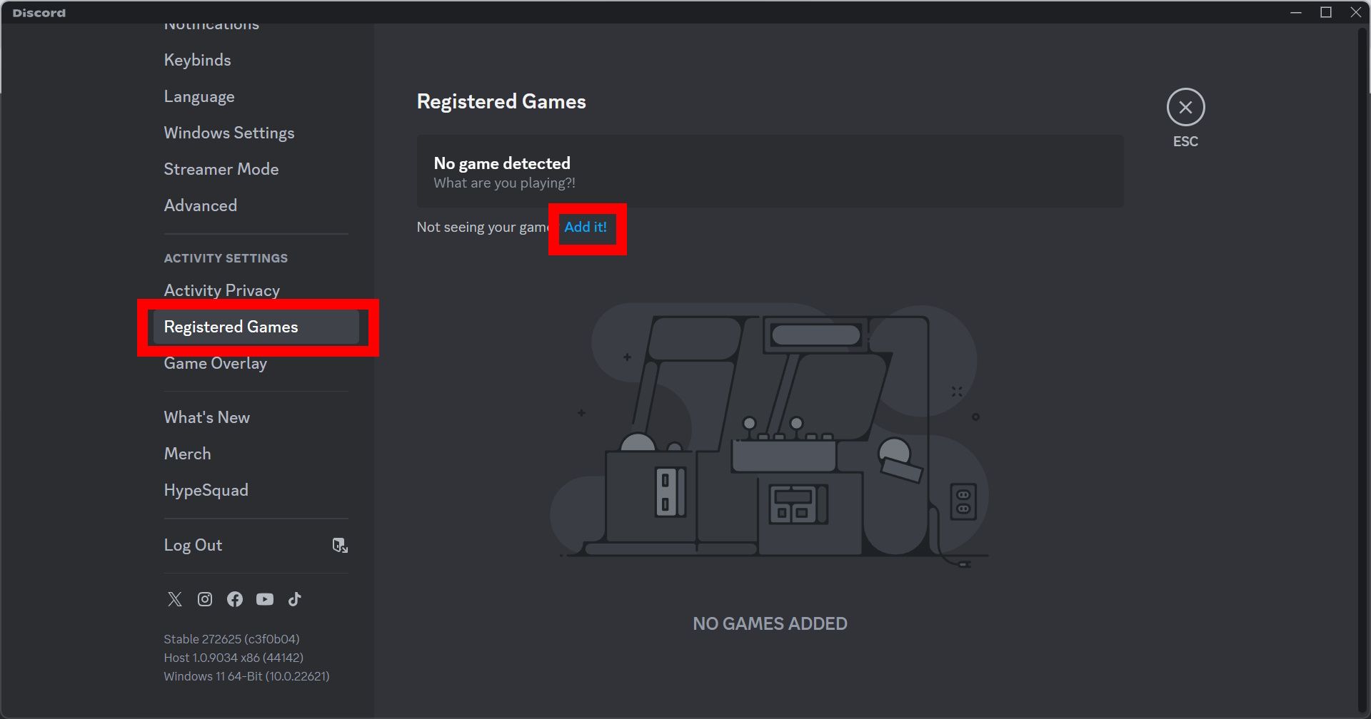 registered games section in discord desktop app with add it button
