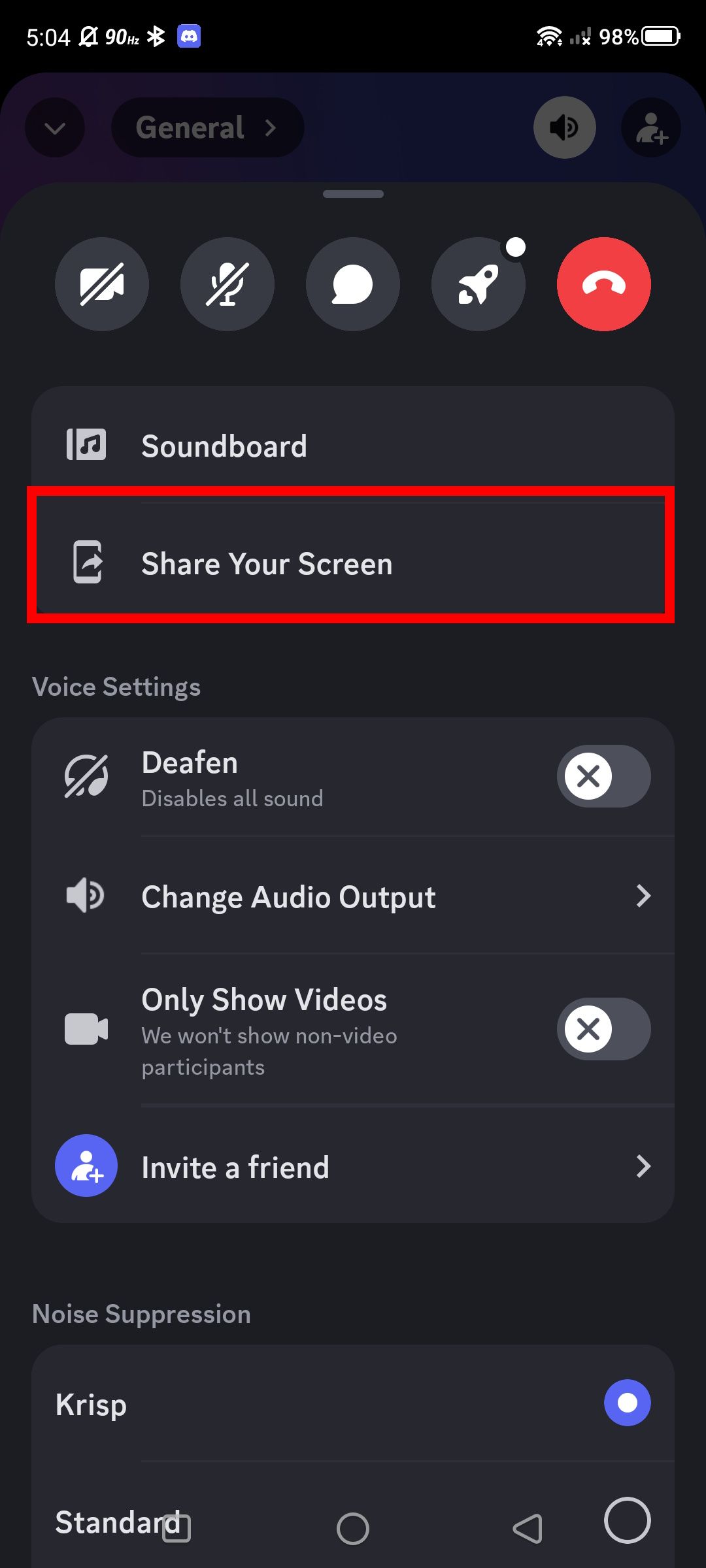 red rectangle outline over share your screen button on discord mobile