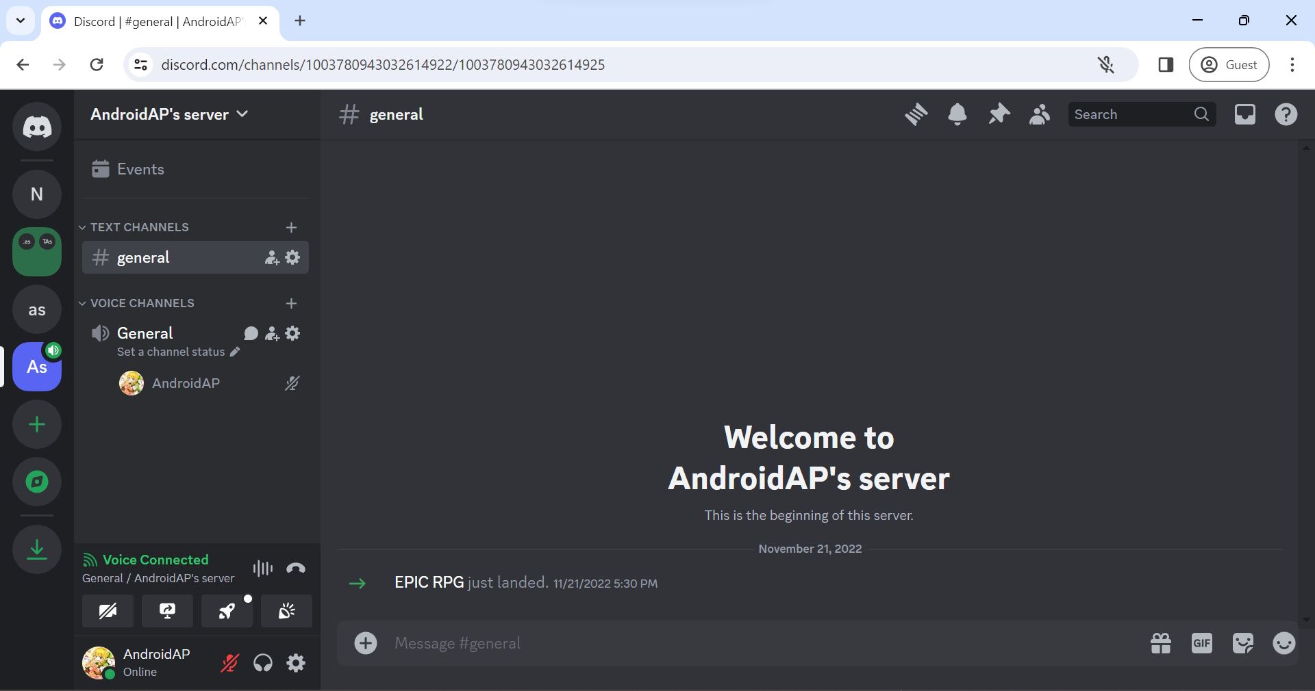 discord user in a discord voice channel with the text channel overview opened