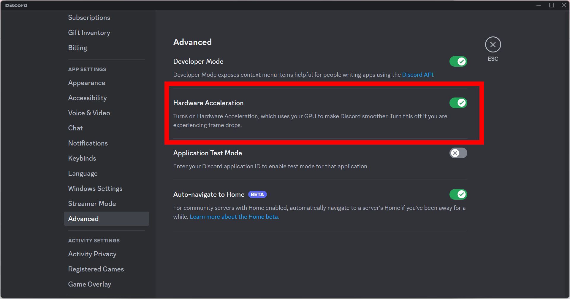 red rectangle outline over hardware acceleration toggle in advanced settings under app settings on discord
