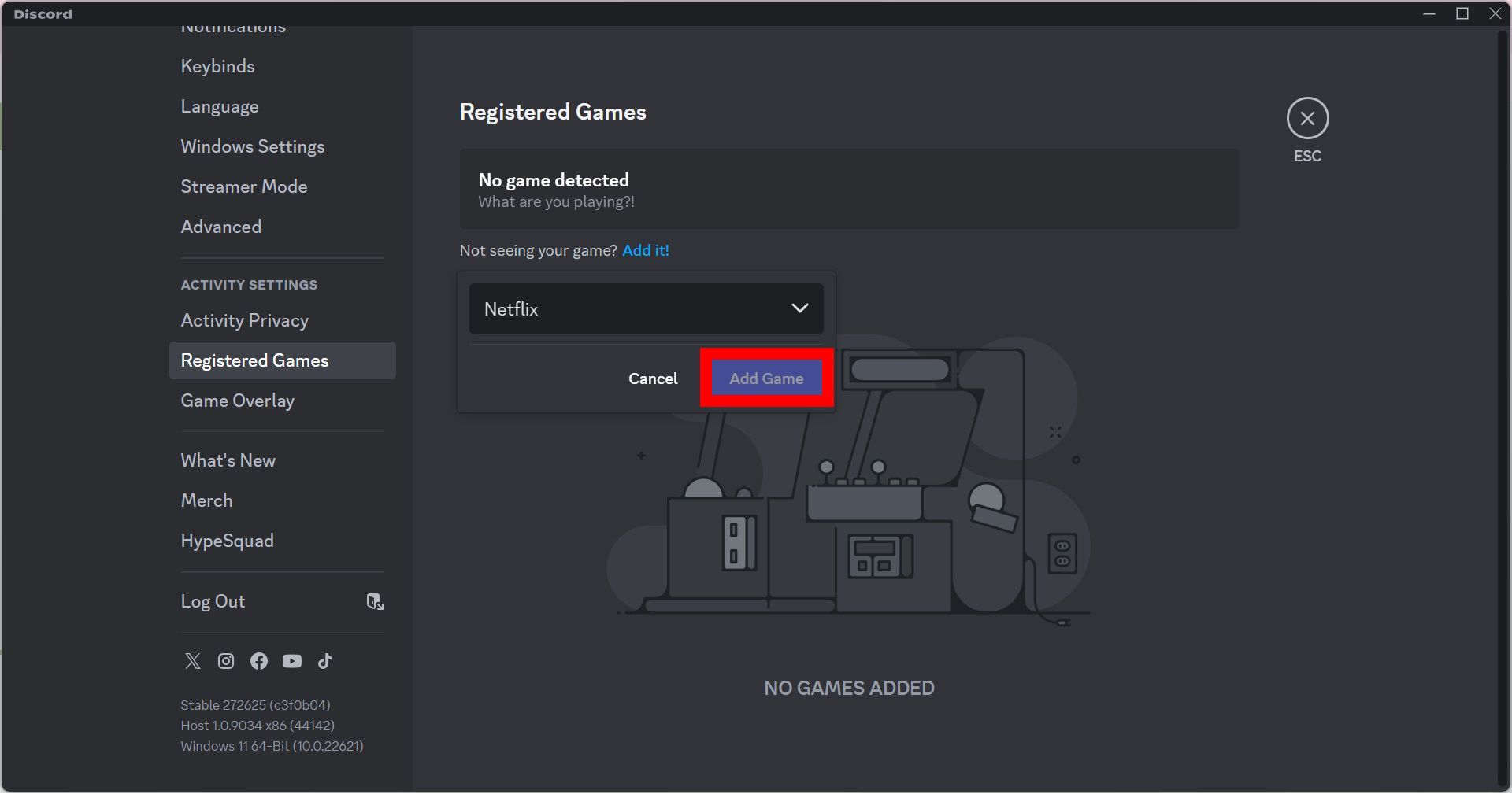 add netflix app as a game under registered games in the discord activity settings