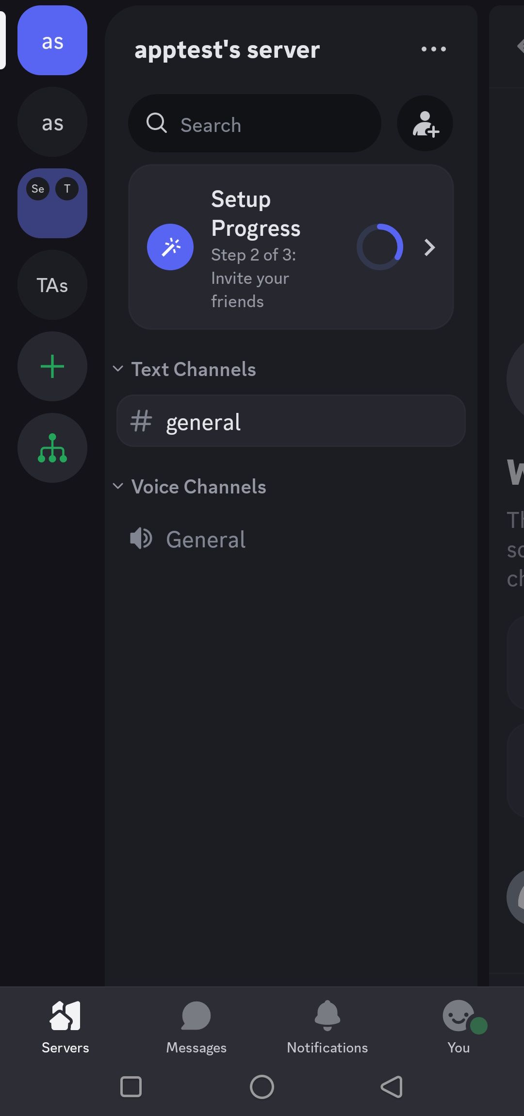 discord server with general chat highlighted on discord mobile loadup