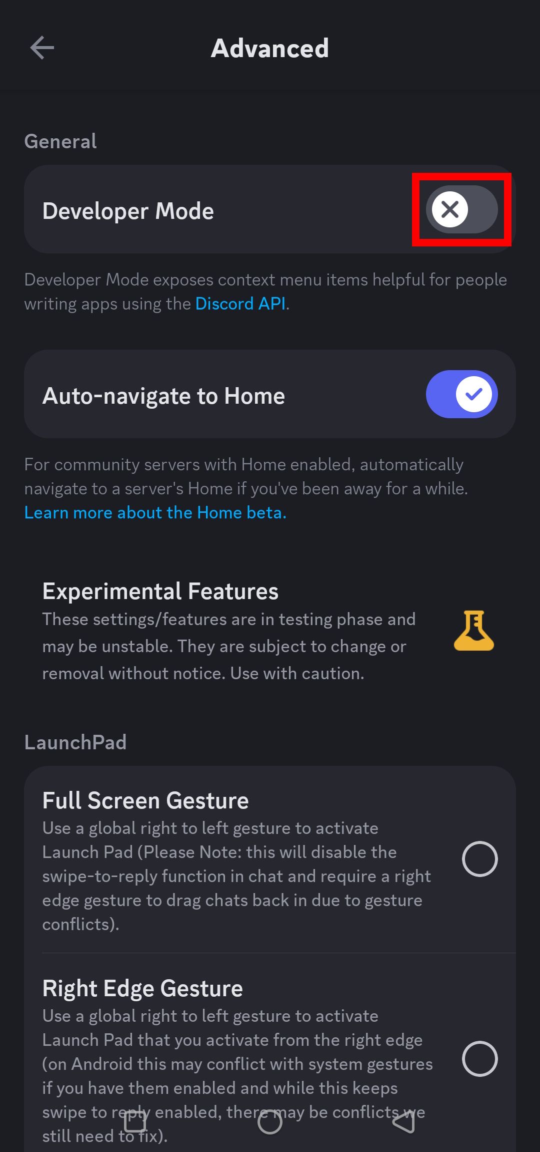 red rectangle over the developer mode toggle option