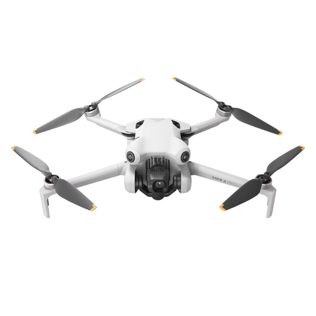 A DJI Mini 4 Pro drone on a white background