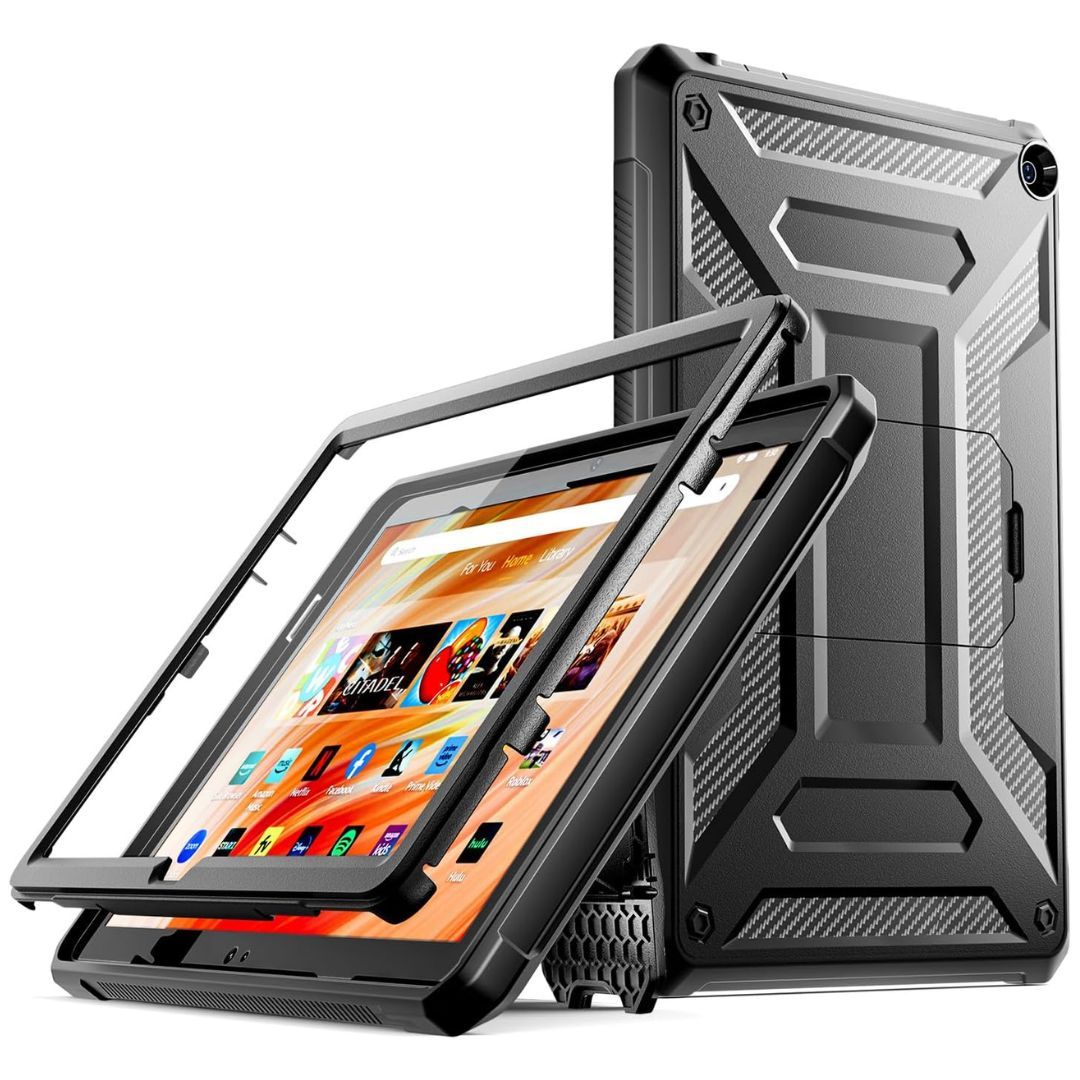 The Amazon Fire HD 10 2023 tablet with the rugged case on in a sideview and the back