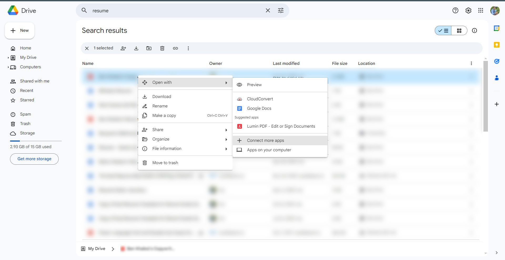 A Google Drive interface with a context menu open for a selected file. The menu offers various options such as Connect more apps