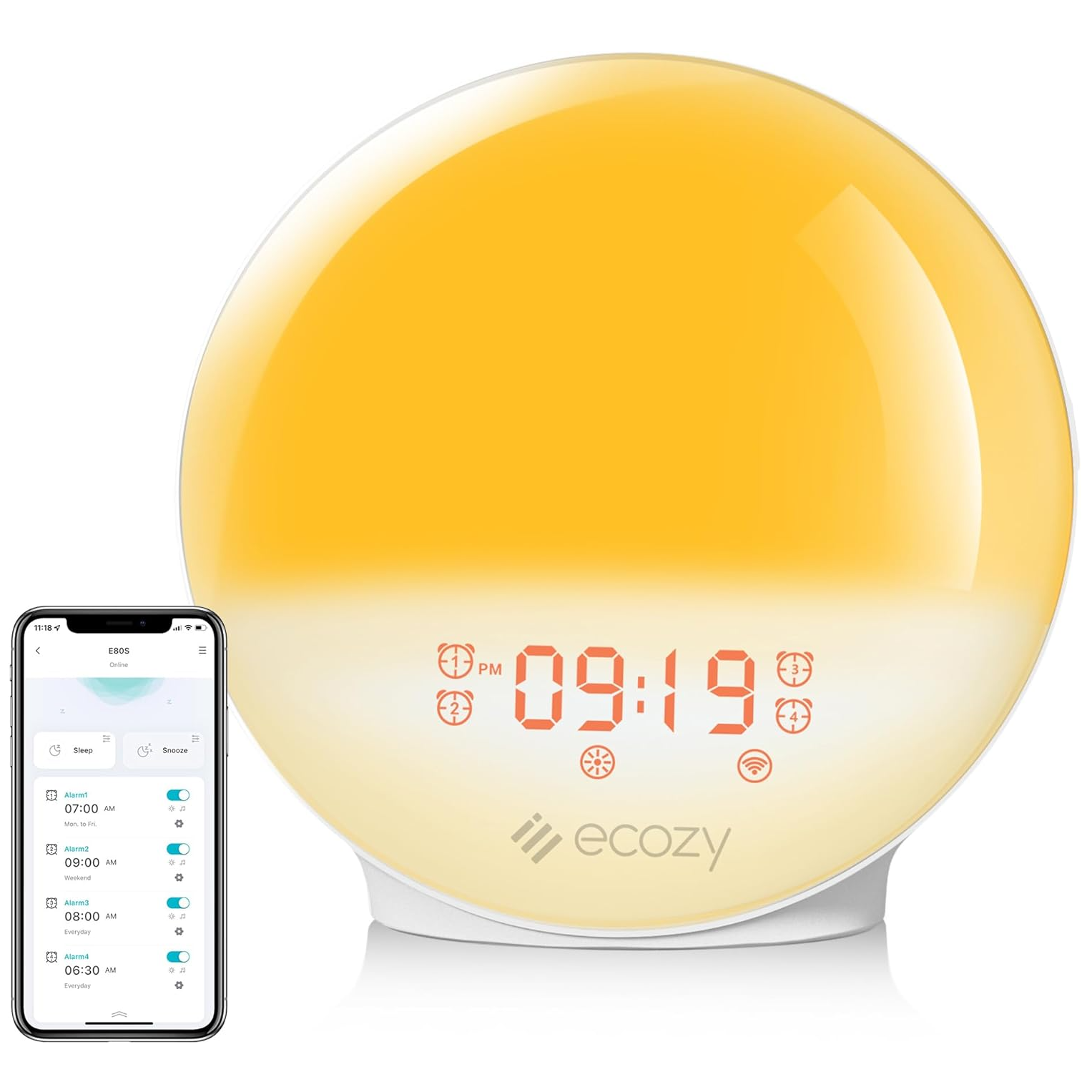 ecozy sunrise alarm clock beside app