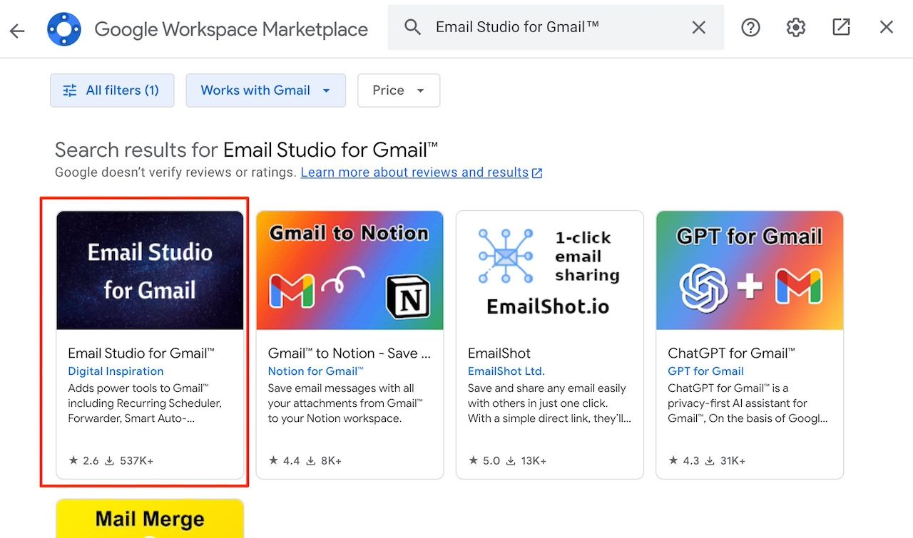 Searching for the Email Studio add-on on Google Workspace Marketplace.