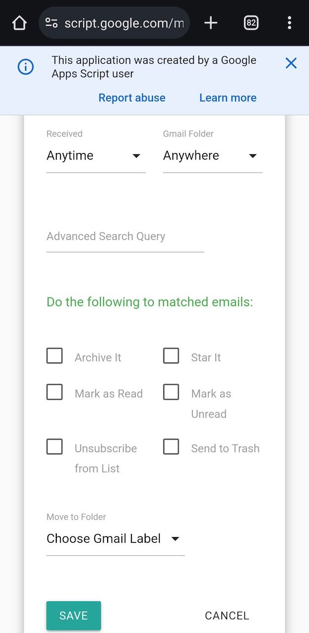 Showing some examples of the Email Studio clean up tool search criteria fields in a mobile web browser.