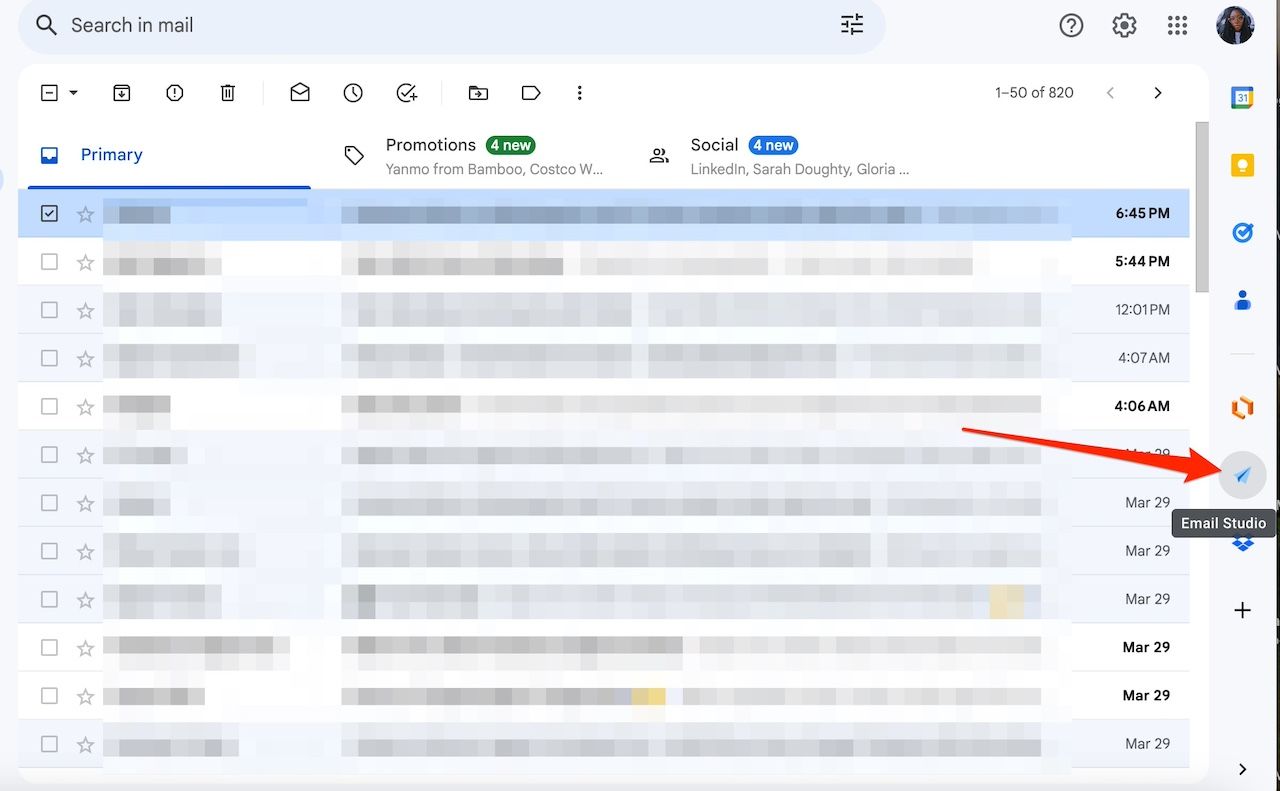 Showing the location of the Email Studio extension icon on the Gmail web app.