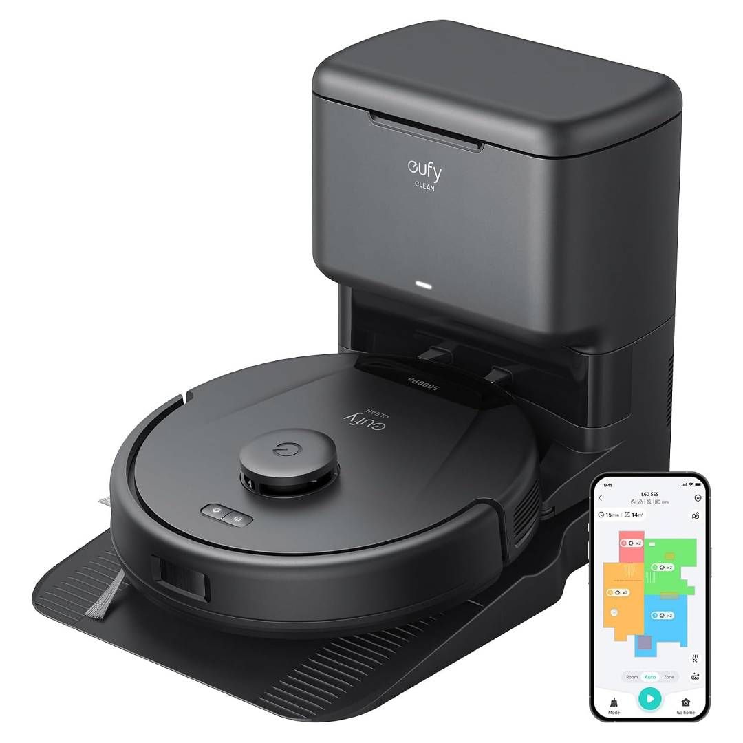 A render of the Eufy L60 robot vacuum and its optional base station