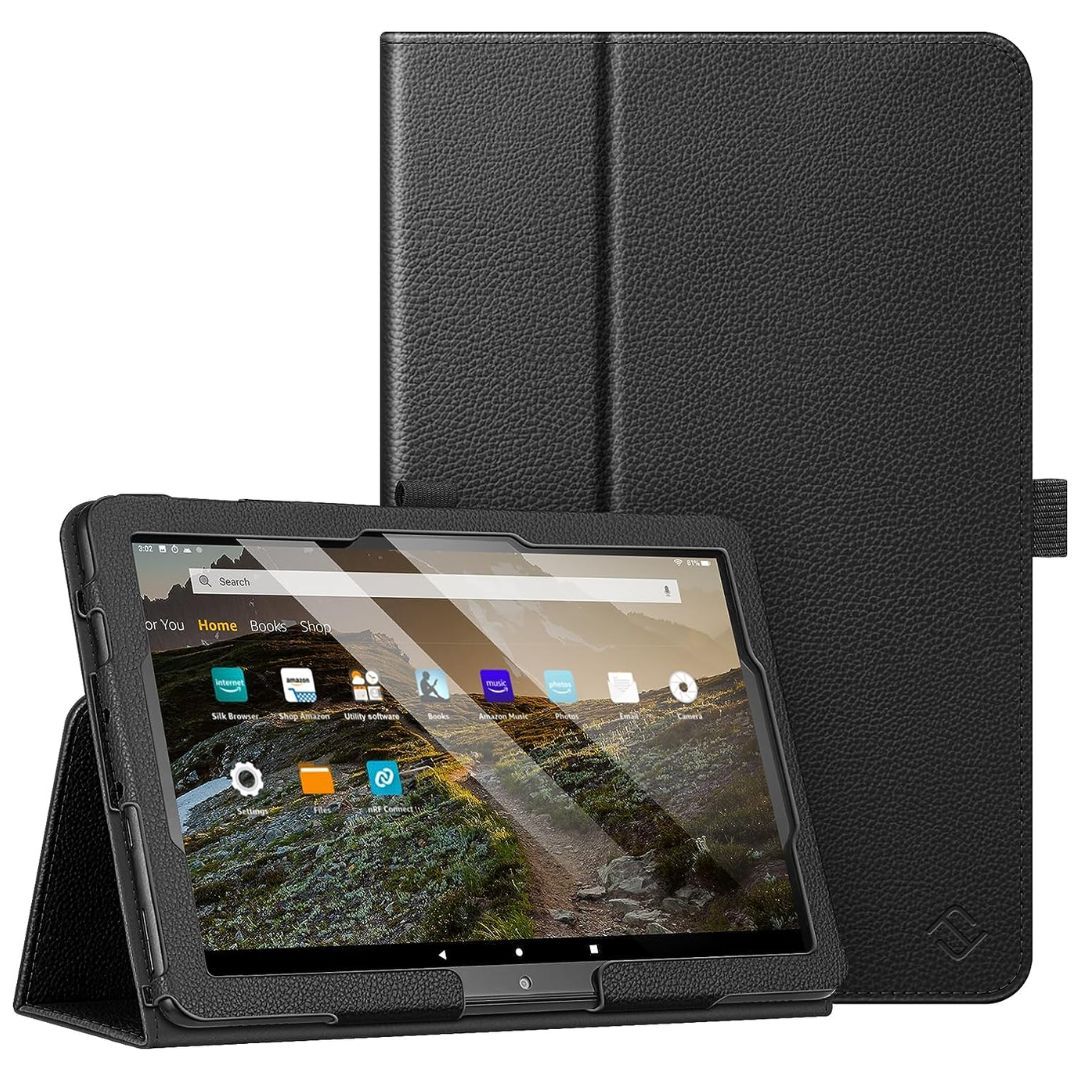 A black Fintie Folio case with the tablet screen on