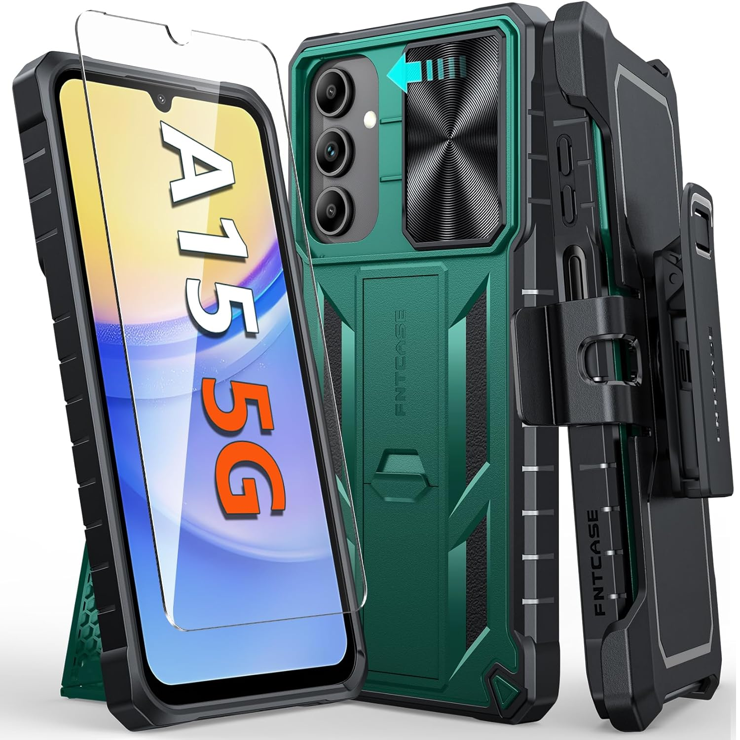 FNTCase case for Galaxy A15, front, back, and kickstand views