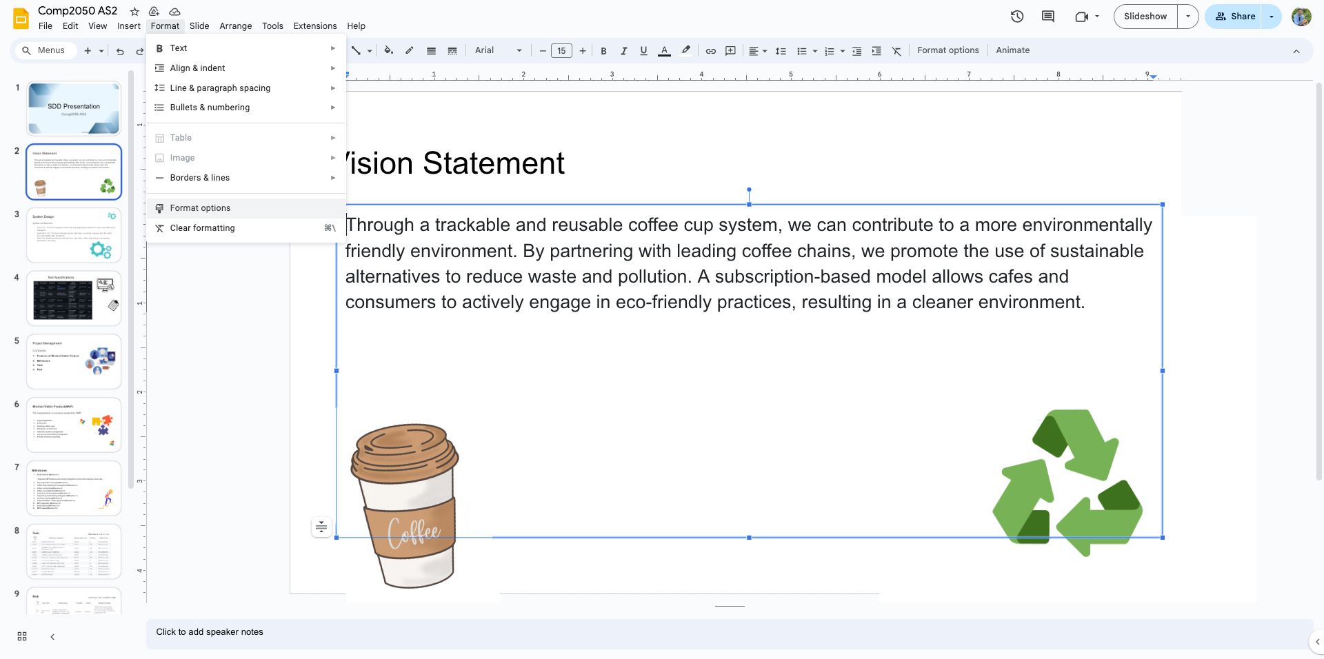  A screenshot of a Google Slides presentation with the format menu open, showing text alignment and indentation options with format options selected