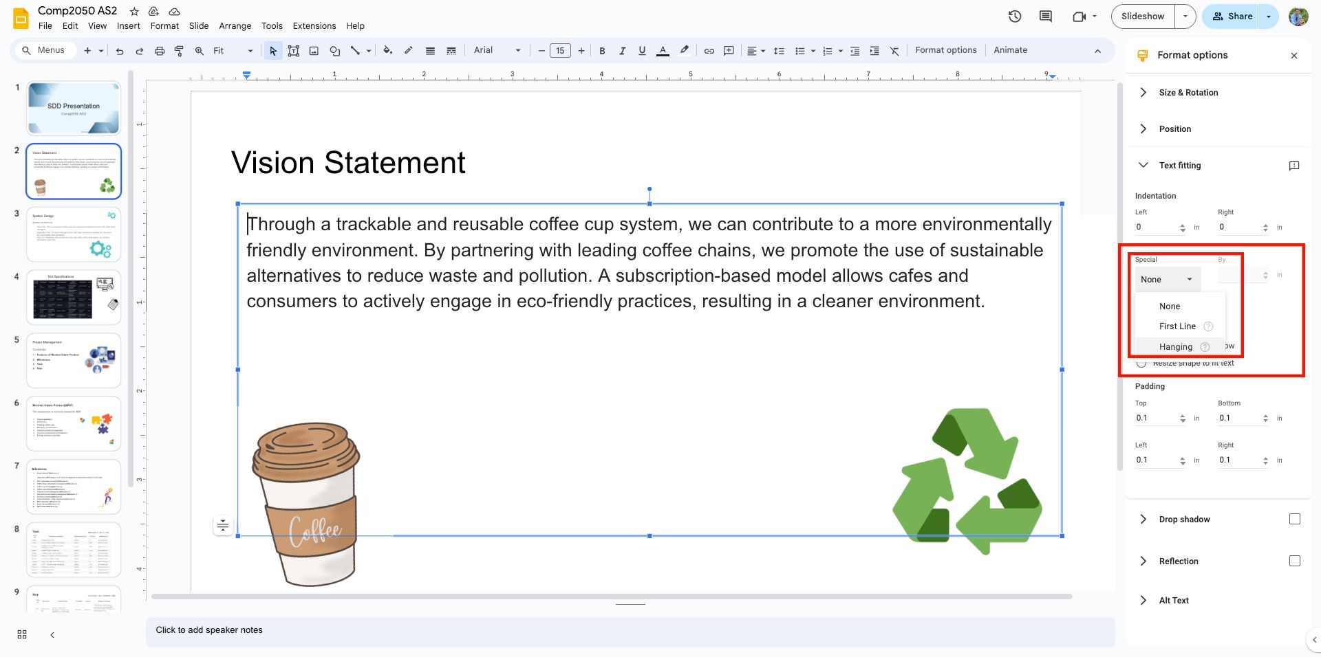  A close-up of the Google Slides format options showing the 'Special' indentation menu with options for 'None', 'First Line', and 'Hanging' indentation settings with Handing indentation selected.