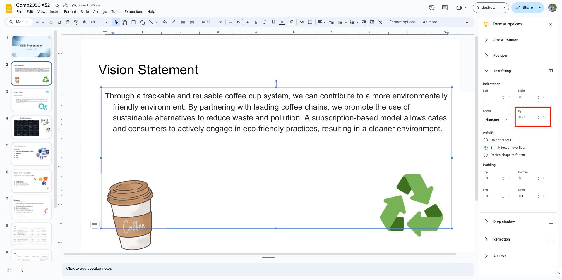 A Google Slides presentation slide with 'Hanging' indentation applied.