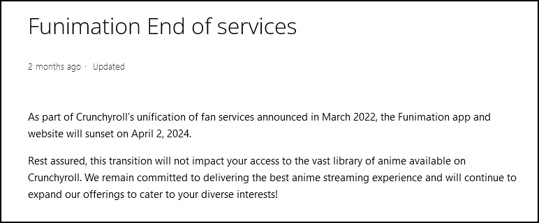 Funimation screenshot of end of service text