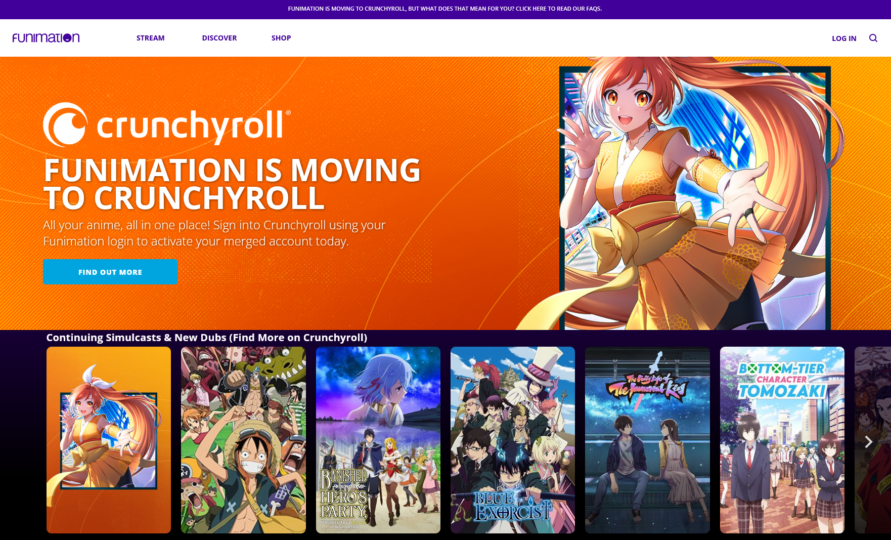 Funimation screenshot of home page