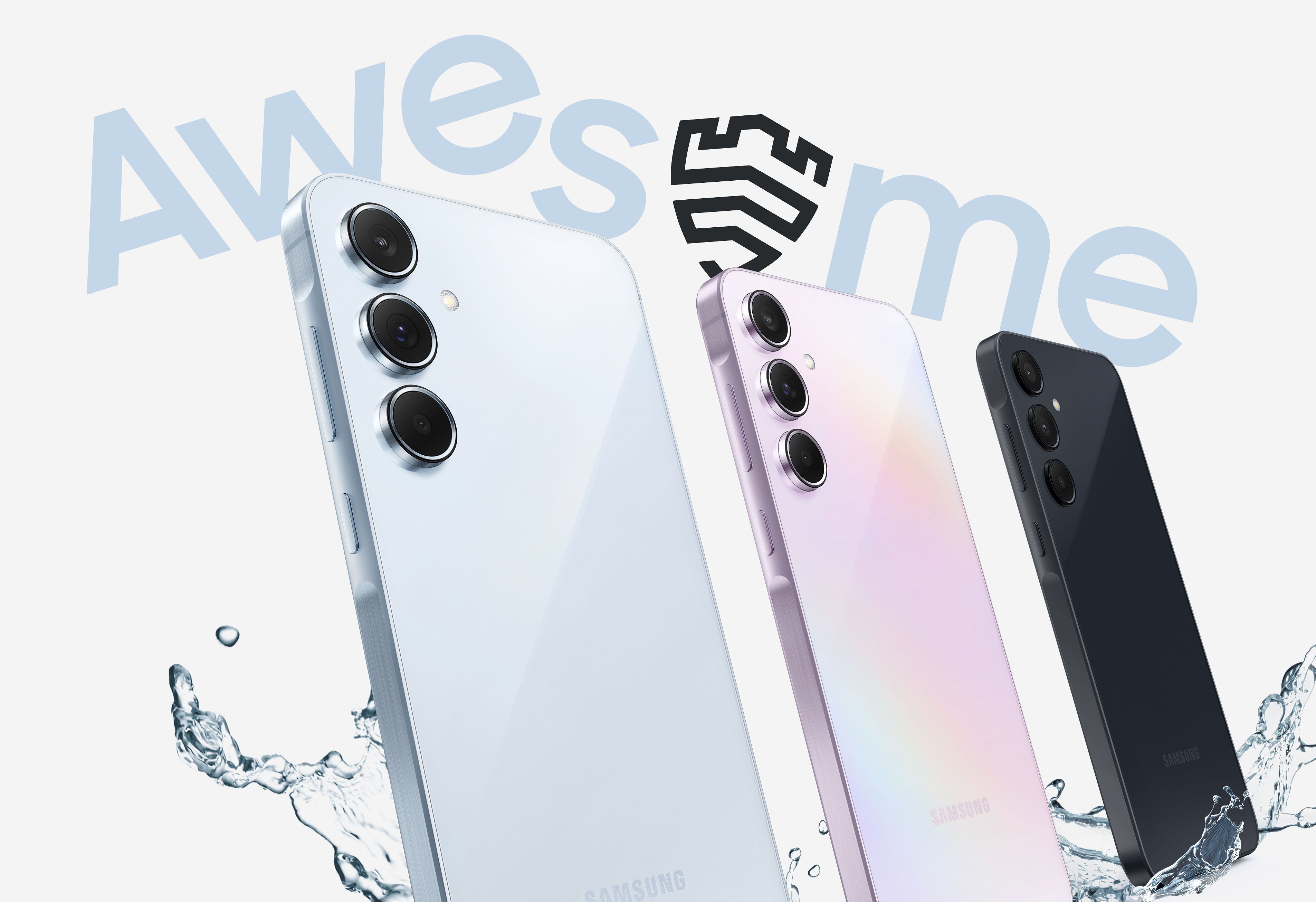 The Galaxy A55 being splashed by water with the word Awesome written above it