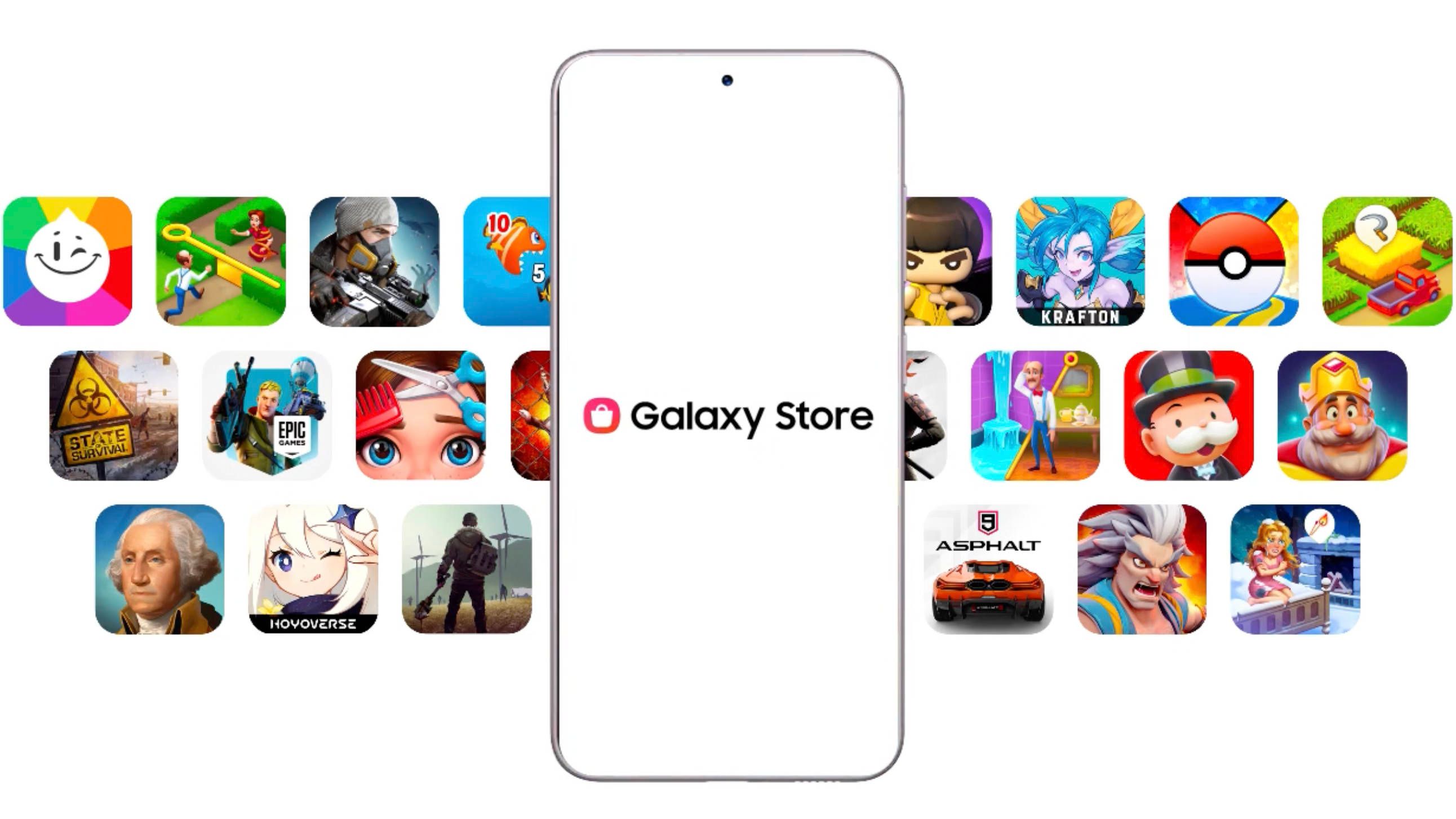 A promotion for the Galaxy Store with various app logos surrounding a phone