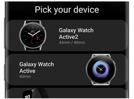 Screenshot of the Galaxy Wearable app showing the select watch screen