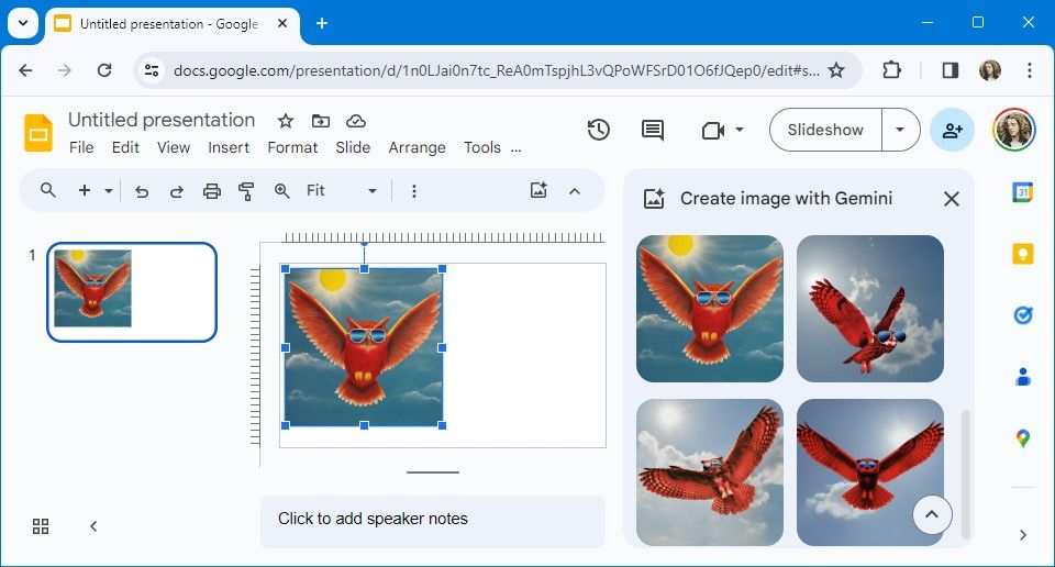 four images of red owls generated with gemini in Google Slides